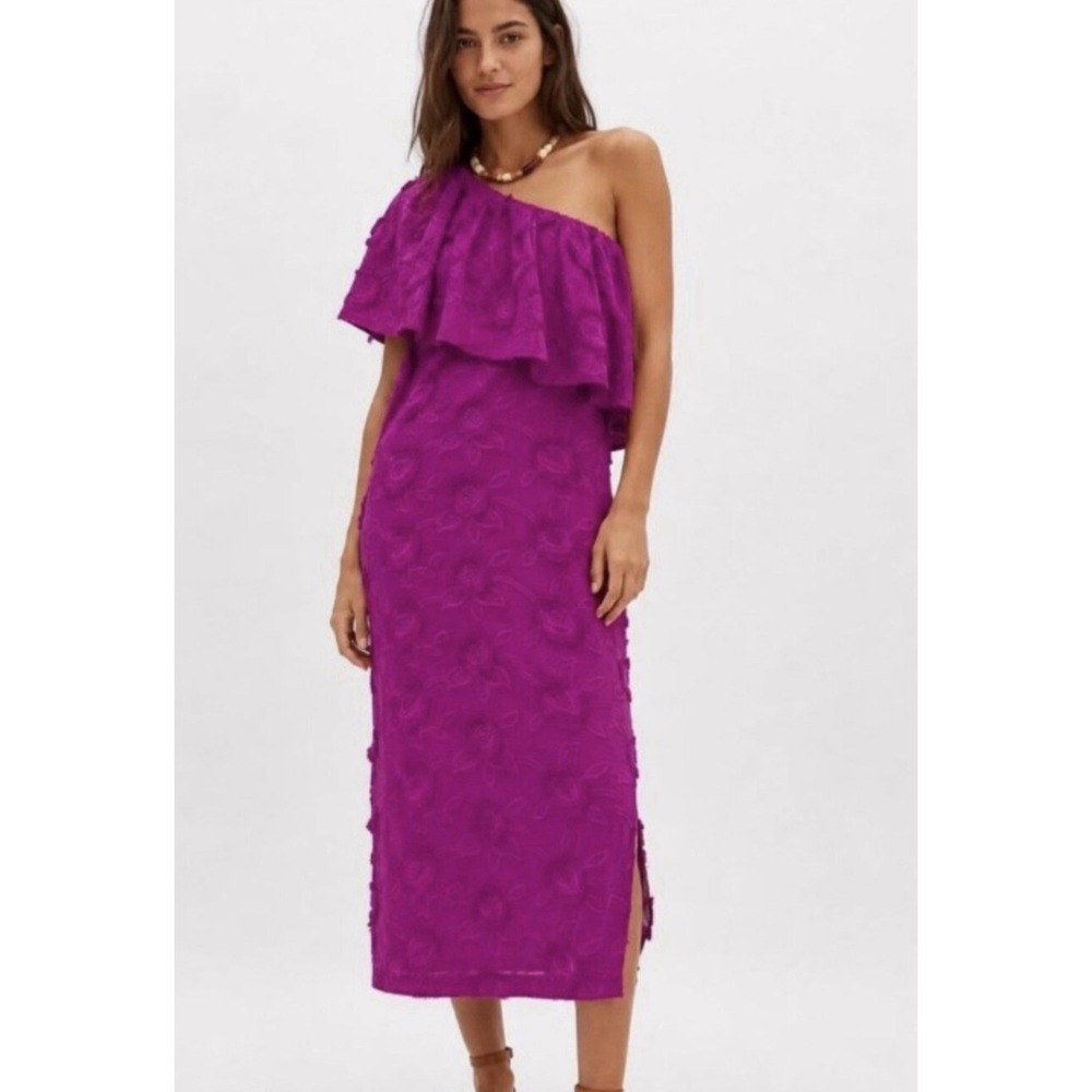 Abbey Glass NWT Sutton Lace 3D Floral Ruffle One Shoulder Midi Dress XS Purple